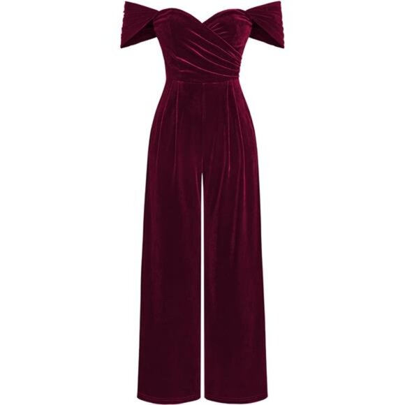 Pants - Women's Velvet Off-shoulder Solid Ruched Jumpsuit, Wine